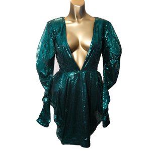 Vintage Sequin Dress Green Deep V Plunge Sz Small